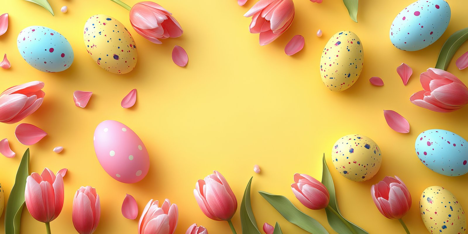 Colorful Easter eggs and tulips creating a festive spring decoration on a bright yellow background
